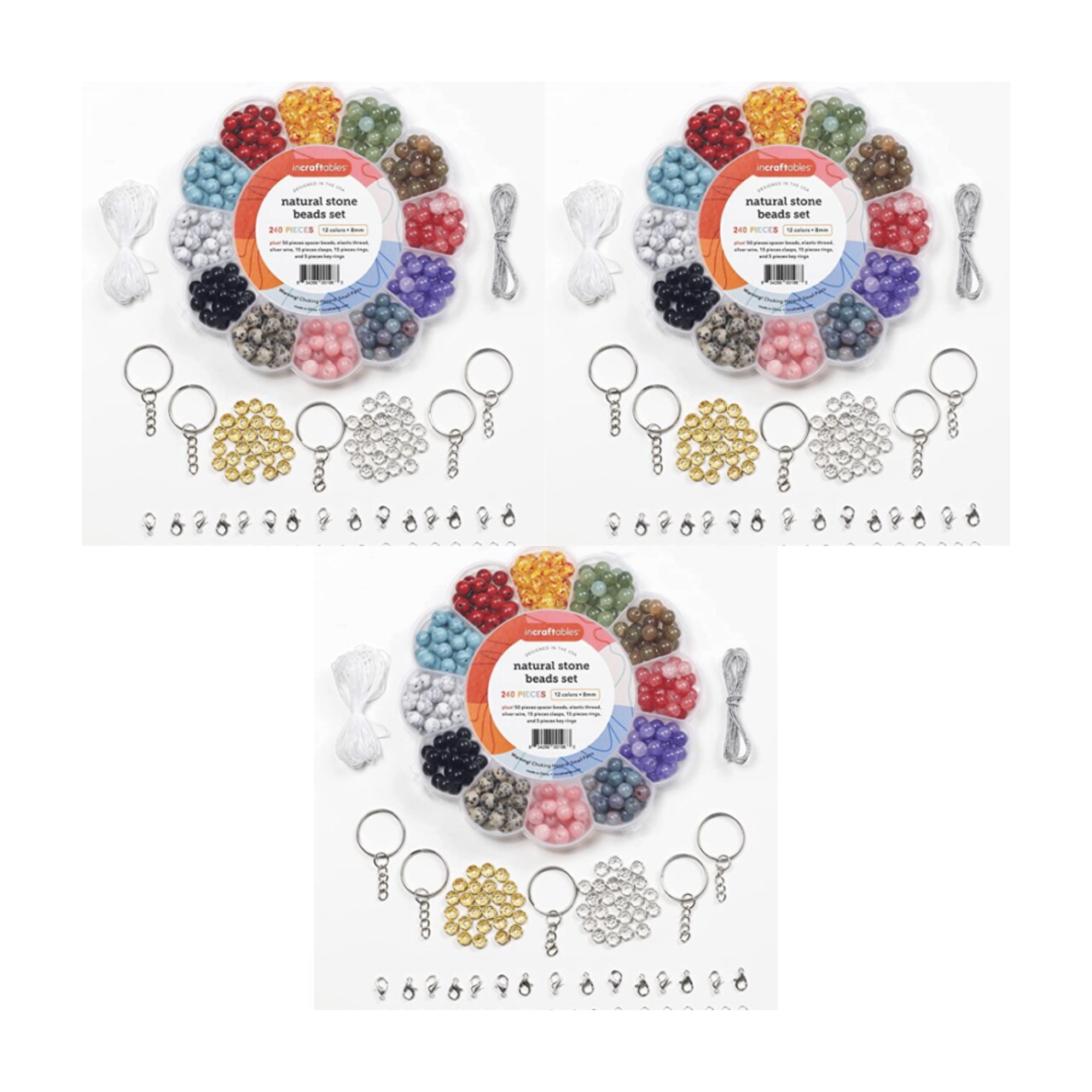 3 PACK - Incraftables Natural Stone Beads 12 Colors 240pcs Set for DIY Jewelry, Necklace & Bracelet Making. Assorted Real Crystal Chakra Bead Kit with Spacer Beads, Elastic String & Organizer for Adults & Kids